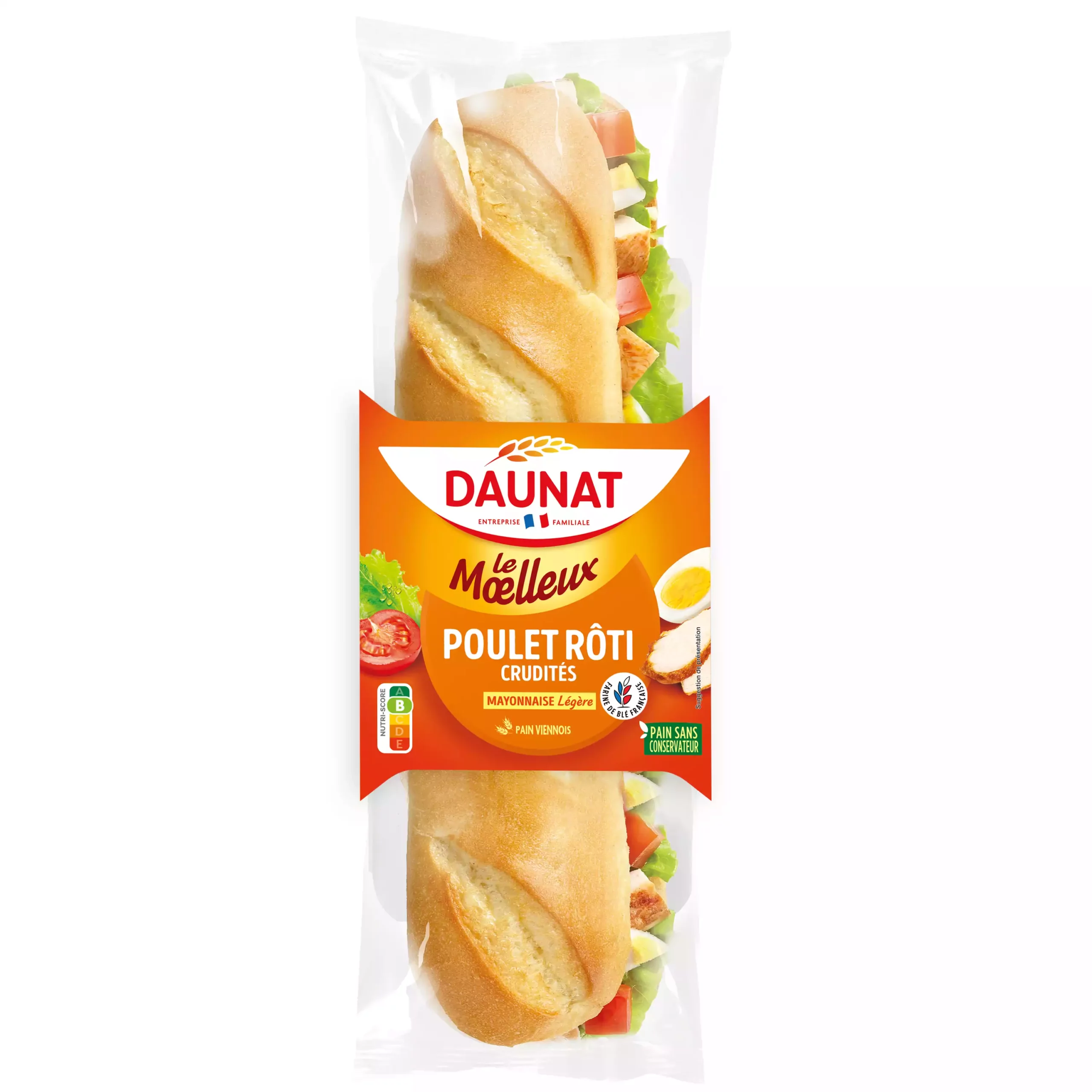 Sandwich baguette Le Moelleux Poulet crudites 230g