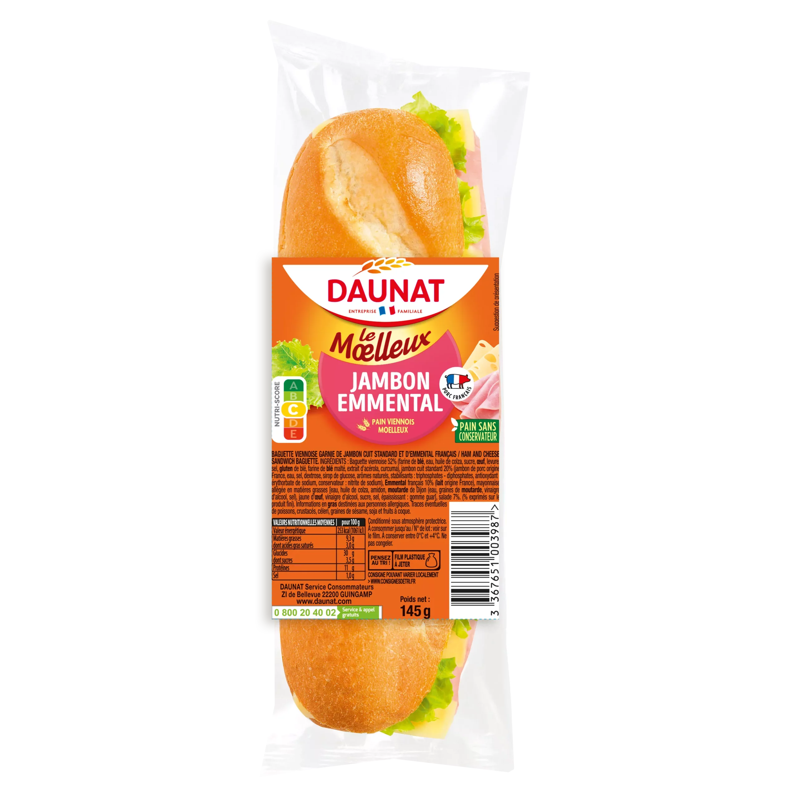 MINI BAGUETTE MOELLEUX JAMBON EMMENTAL 145G