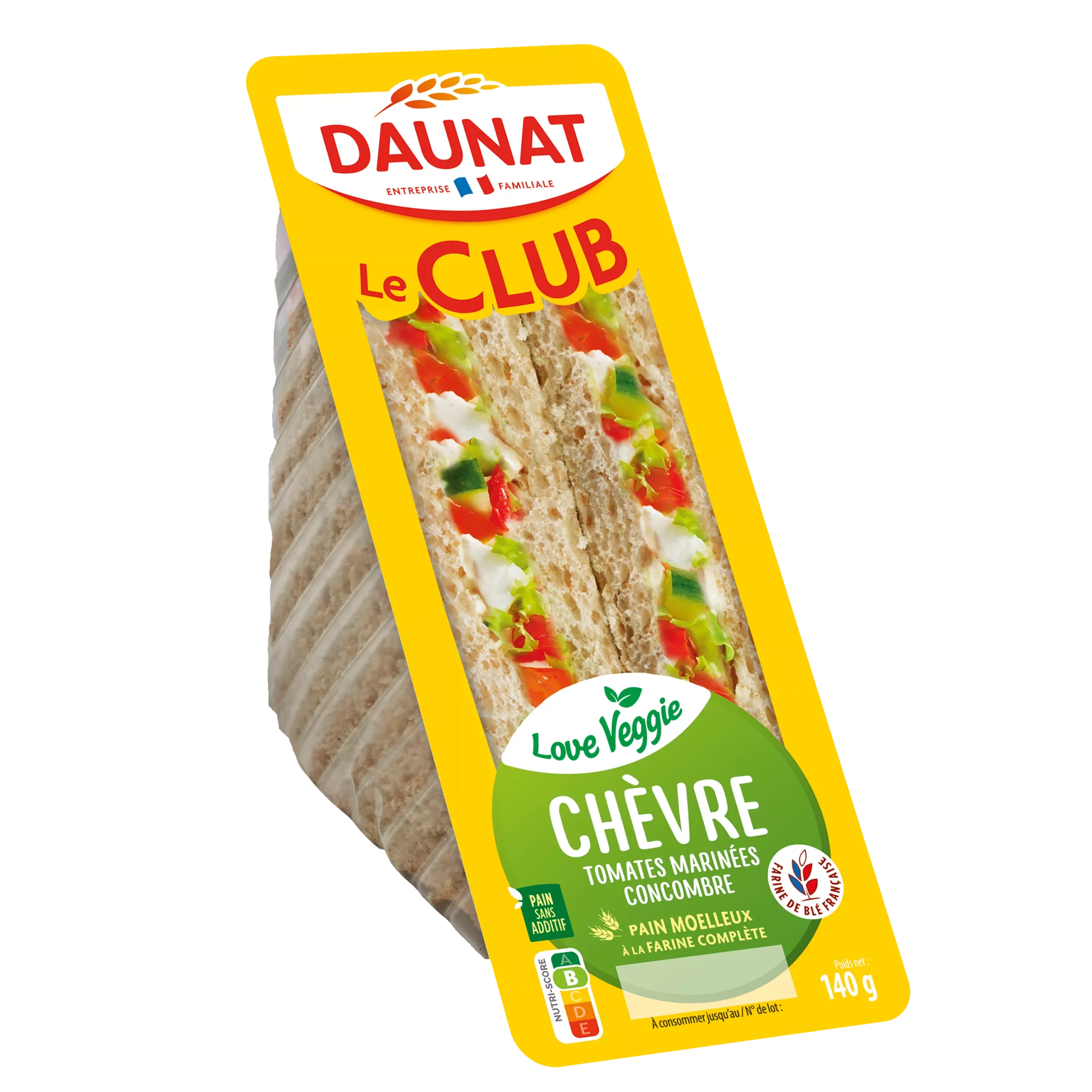 Sandwich Le Club Veggie Chevre Tomates marinees Concombre 140g