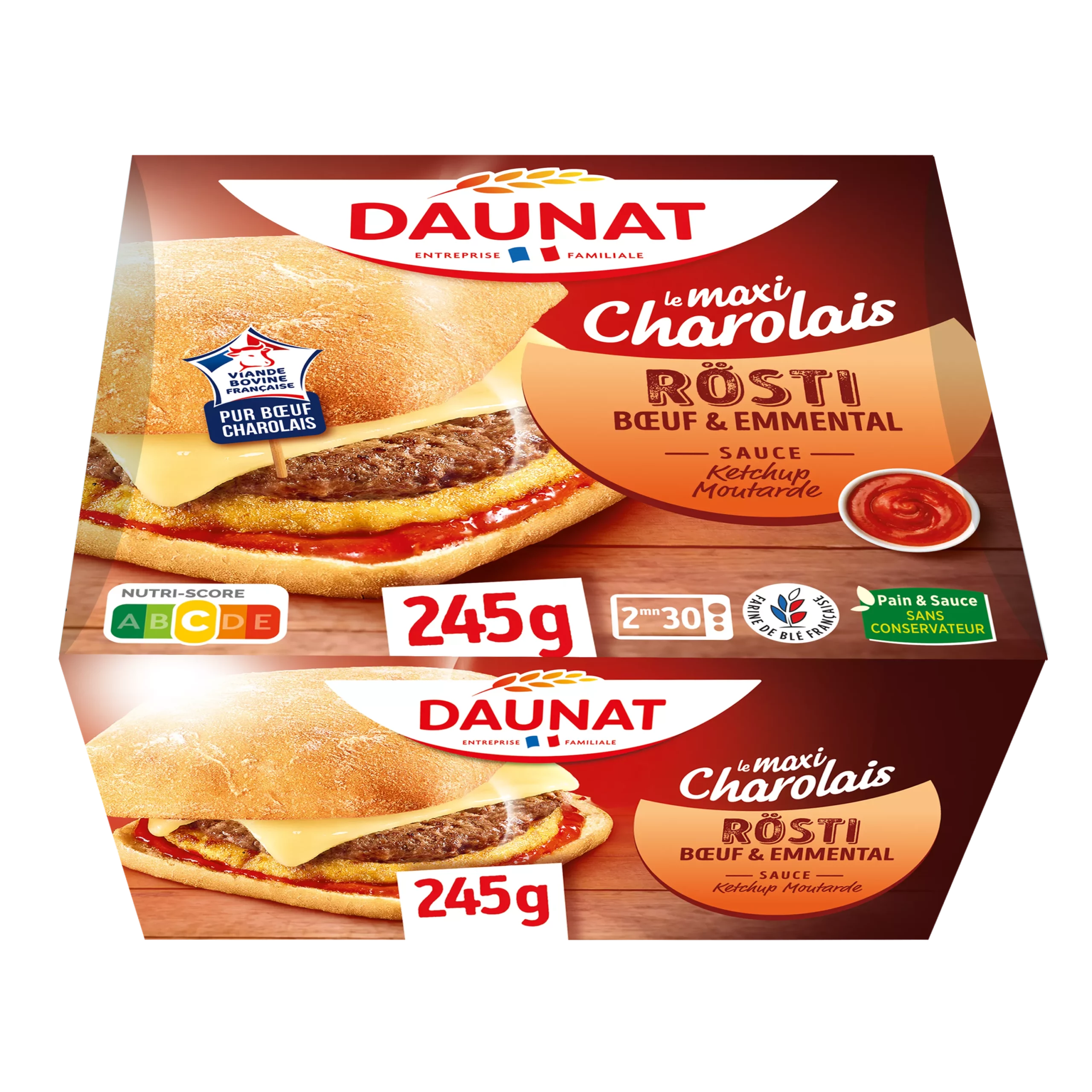 Burger maxi boeuf charolais Rosti emmental sauce ketchup moutarde 245g 6