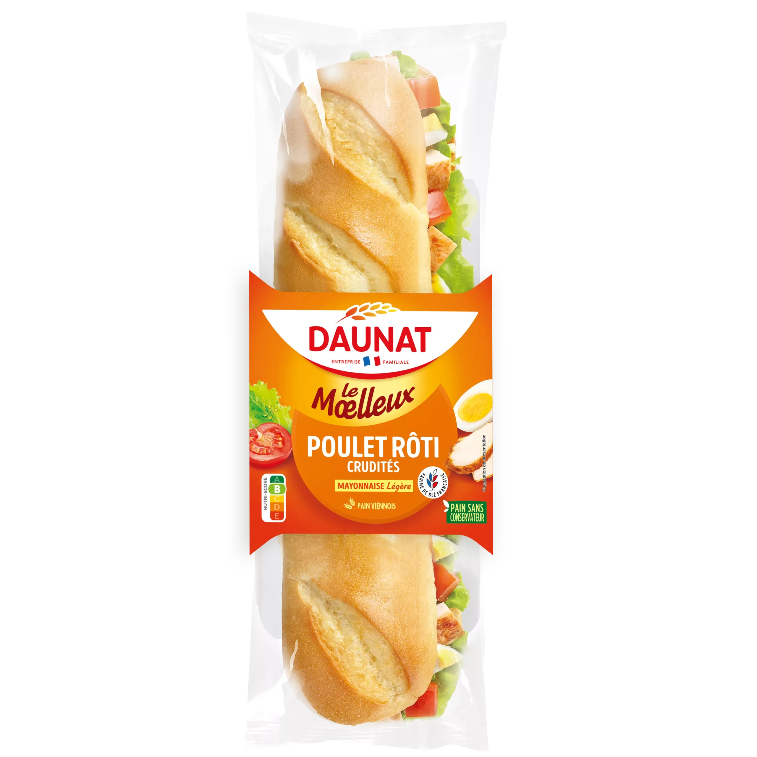 Sandwich baguette Le Moelleux Poulet crudites 230g