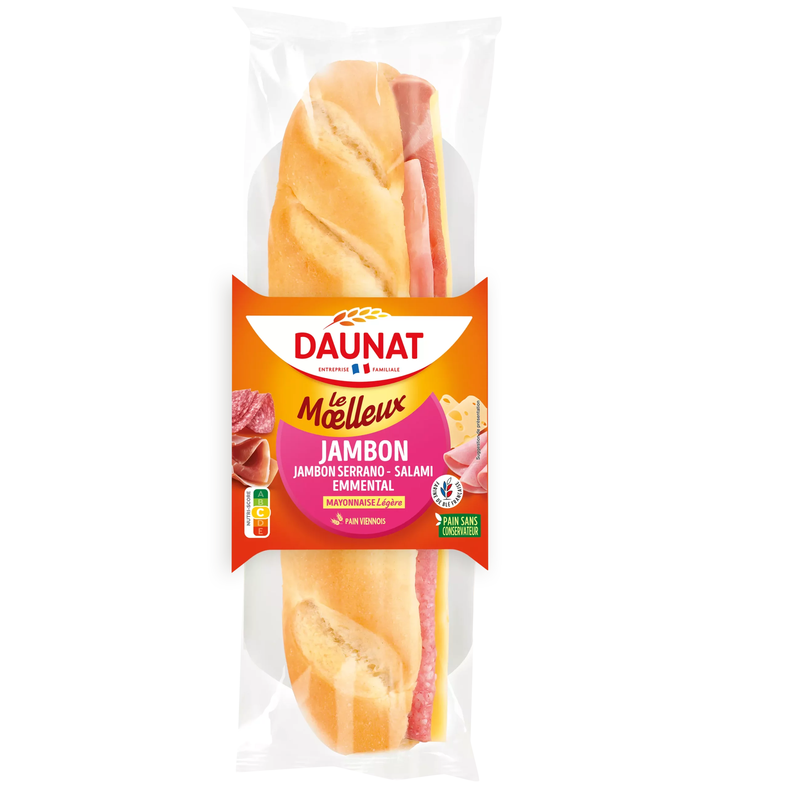 Sandwich baguette le moelleux jambon de pays salami emmental 215g 1